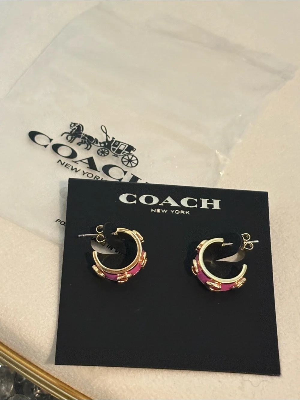 Coach Pink Enamel Signature C Gold Tone Huggie Hoop Earrings NWT Display - Picture 6 of 10